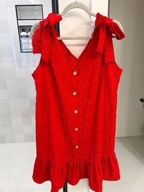 Red Tie-Shoulder Mini Dress with Button Front